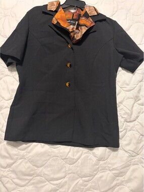 Chad Place Black Short Sleeve Button-Up Blouse with Orange Patterned Collar, USA